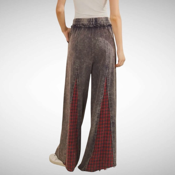 Sage + Fig Grunge Patch Plaid Wide-Leg Pants Navy/Red Size S - Picture 3 of 3
